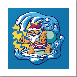 Surfing Santa Claus Cartoon Posters and Art